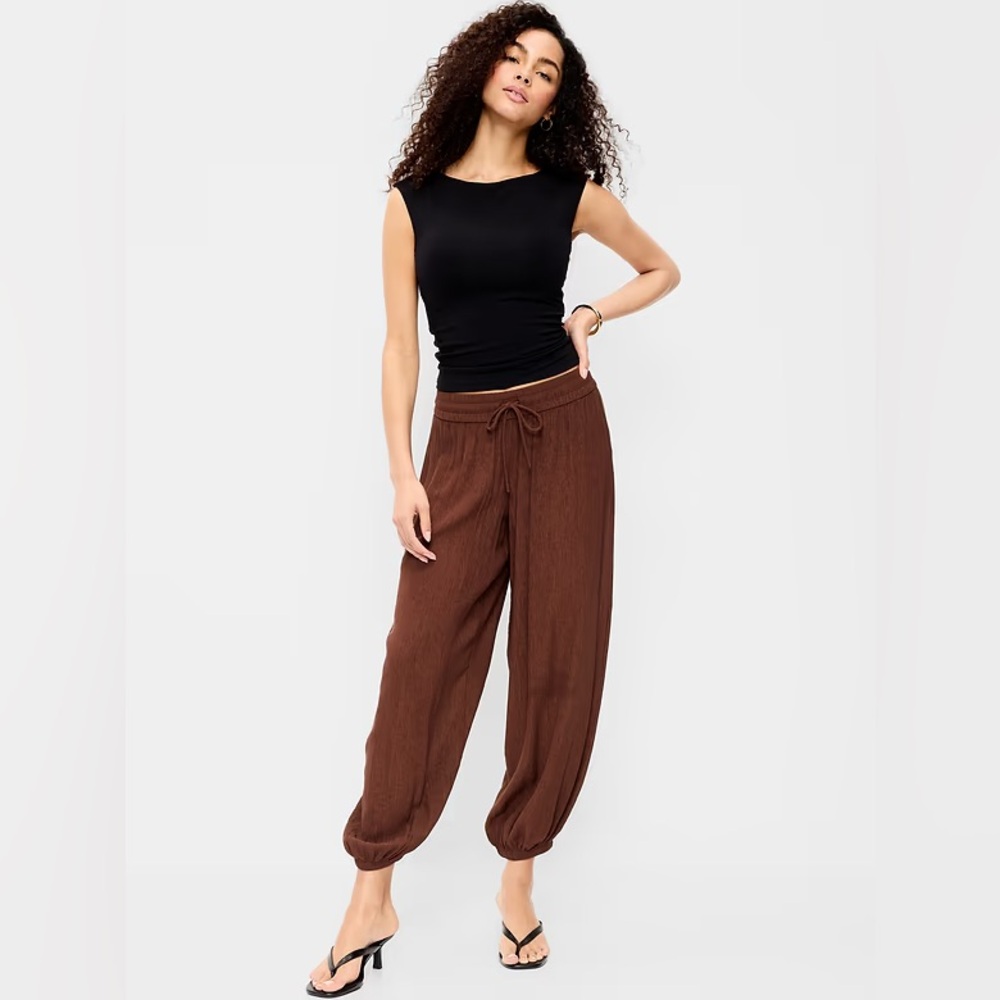 NEW! Peppercorn Brown High-Waisted Sheer Crinkle Crepe Harem Pants - Small Tall📌